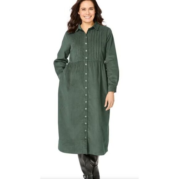 Woman Within Plus Size 24W Green Corduroy Long Sleeve Button Up Dress Modest - Picture 1 of 8